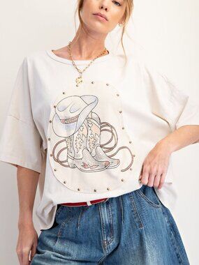 EASEL WESTERN GRAPHIC MINERAL WASHED KNIT TOP 100% COTTON